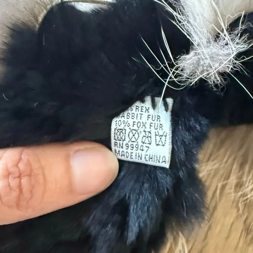 Genuine Rex Rabbit Fur Pull Through Scarf Fox Fur Trim Black Winter Wrap 36